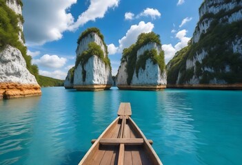 Wall Mural - Front view from a wooden boat on turquoise water with two large limestone karsts in the background under a blue sky with clouds