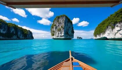 Wall Mural - Front view from a wooden boat on turquoise water with two large limestone karsts in the background under a blue sky with clouds