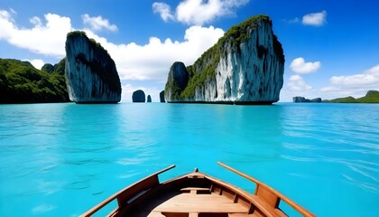 Wall Mural - Front view from a wooden boat on turquoise water with two large limestone karsts in the background under a blue sky with clouds