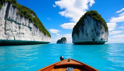 Wall Mural - Front view from a wooden boat on turquoise water with two large limestone karsts in the background under a blue sky with clouds