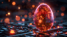 Glowing Digital Modern Illustration Of An Abstract 3D Egg With Circuit Board Texture. Greeting Card In Tech Futuristic Style.