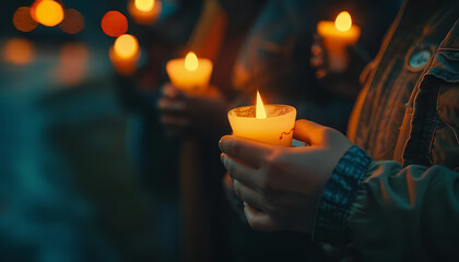 Poster - A group of people are holding candles in a dark room