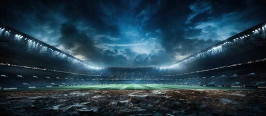 Football field illuminated by stadium lights