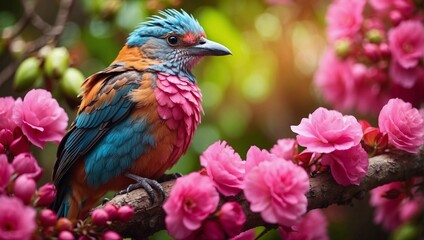 Wall Mural - colorful bird perched on a branch with vibrant pink flowers.