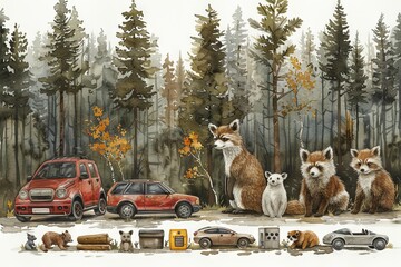 Wall Mural - Watercolor illustration pattern of cars and planes in a woodland setting for baby nurseries