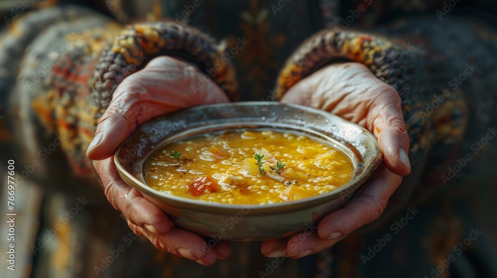 Poor homeless old woman with hot food in warming center. Food for ...