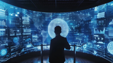 a smart man Is working in front of big computers with data analysis in office, 3D future technology concept
