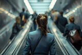 Fototapeta Big Ben - businesswoman, from the back, wearing a business suit on an escalator crowded with people on her way to work