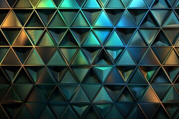 Abstract background made of triangular dark blue and green metal tiles with colorful light reflections