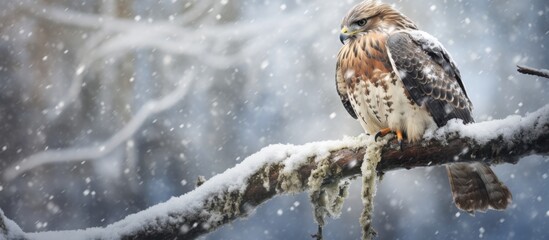 Wall Mural - A bird of prey from the Accipitridae family, perched on a snowy branch with its feathers fluffed up to stay warm in the snow