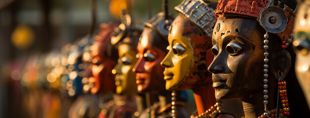 wide background banner of Colorful human face mask dummies hanging on streets in Hindu cultural event Dussehra festival