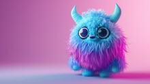 Cute And Colorful 3D Rendering Of A Fluffy Blue And Purple Monster. It Has Big Round Eyes And A Friendly Smile.