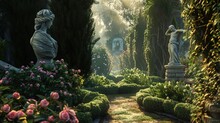 A Hidden Garden Tucked Behind Overgrown Hedges, Pathways Winding Between Ancient Stone Statues And Blooming Flower Beds.