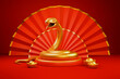Snake is a symbol of the 2025 Chinese New Year. 3d render illustration of Golden Snake on a podium, gold ingots Yuan Bao on a red background. Zodiac Sign Snake, asian oriental concept for lunar year