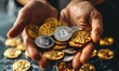 Businessman's hands hold cryptocurrency gold coins, bitcoin, ethereum