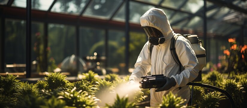 top view of an unrecognizable person in white chemical protection suit doing disinfection and sprayi