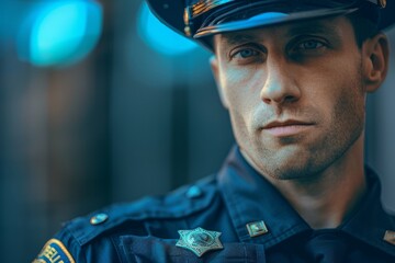 Close-up portrait of a focused police officer with badge and uniform