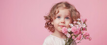 Cute Little Child With A Bouquet Of Pink Flowers On A Pink Background, Mothers Day