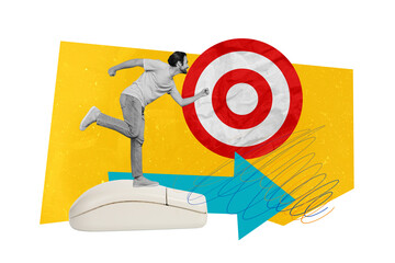 Canvas Print - Magazine banner template collage of ambitious confident guy run using computer vintage mouth through internet online for targets