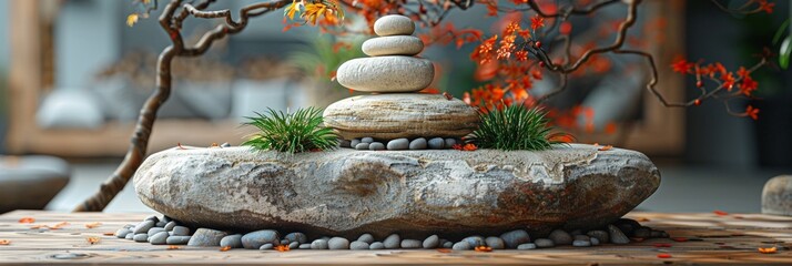 Wall Mural - Tranquil nature with balanced stacks of smooth stones, evoking a sense of harmony and relaxation in a zen garden.