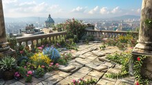 A Rooftop Terrace With Panoramic Views Of The City Below, Crumbling Stone Balustrades And Wildflowers Sprouting Between The Cracks In The Pavement.
