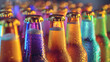 Cluster of colorful beer bottles with condensation droplets line up on a table.