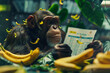 A monkey stockbroker with charts tangled in vines