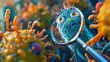 Develop a 3D animation of a bacteria character looking through a magnifying glass at skin pores, educating viewers on the importance of keeping pores clear, vibrant color