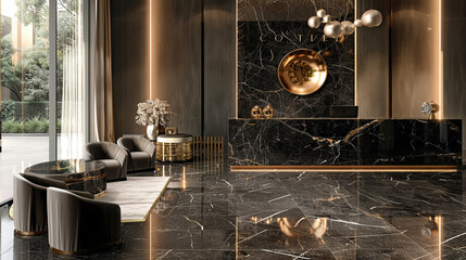 A modern interpretation of luxury, with a reception desk of sleek black marble and brushed gold accents exuding opulence in the lobby.