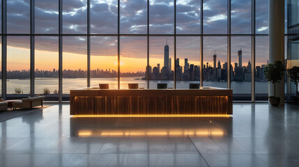  A panoramic lobby view capturing the reception desk against floor-to-ceiling windows, offering expansive city skyline vistas in the warm hues of sunset.