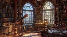 A Secluded Study Tucked Away In A Tower, Shelves Lined With Ancient Scrolls And A Telescope Pointed Towards The Heavens Through A Leaded Glass Window.