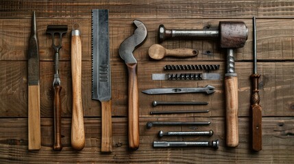 Set of tools for woodworking on wooden background. 