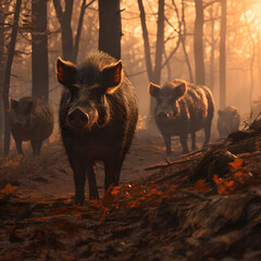 Group of boars running in the forest river with setting sun.