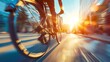 A breathtaking shot of an urban cyclist in motion against a blurred city street backdrop. The setting sun adds an exhilarating sense of speed and freedom to this dynamic image. Perfect for c