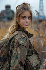 Wall Mural - A beautiful girl soldier with blue eyes in a military uniform, full of determination and courage, in the background there is military equipment and field conditions. Copy space