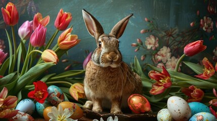 Wall Mural - happy rabbit, with a few easter eggs in a beautiful studio background with tulips and spring decorations