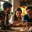 Group of friends young people playing at game board games all together having fun and enjoying holiday party night in friendship. Adult men and women play and enjoy indoor leisure activity at home