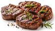 Grilled beef steaks seasoned and isolated on white background.