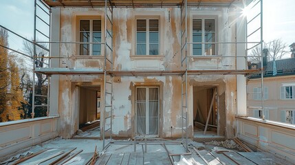 Aufkleber - Renovation work on an individual house using scaffolding. Generative AI.