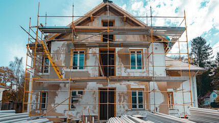 Aufkleber - Renovation work on an individual house using scaffolding. Generative AI.