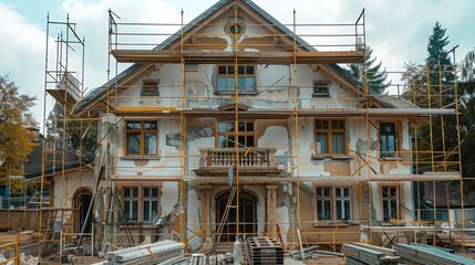Aufkleber - Renovation work on an individual house using scaffolding. Generative AI.