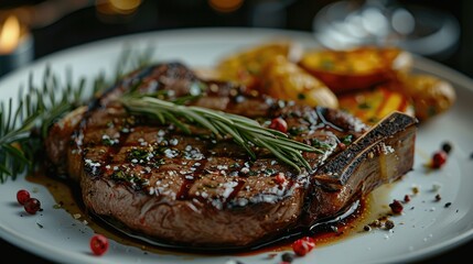 Wall Mural - Ribeye steak on top of a luxury table. Generative AI.