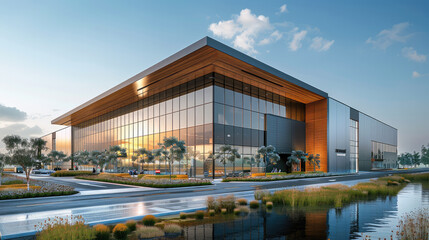 Leinwandbilder - Exterior of Data center made of concrete tilt up panels with a grand corner entrance to showcase the luxury with wood cladding in some areas. Generative AI.
