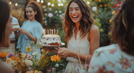 Wall Mural - a girl at an outdoor garden party, smiling while holding up her birthday cake with candles being set on it in the style of friends and family around the table