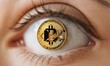 This image shows a detailed view of an eye with a bitcoin reflection, highlighting interest in crypto investments. The sharpness of the eye's features contrasts with the gleaming coin. AI generation