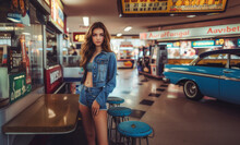 Retro Diner Fashion: Woman In Vintage Setting