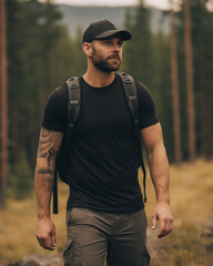 Wall Mural - Male model posing outdoors with plain blank black canvas t-shirt mockup