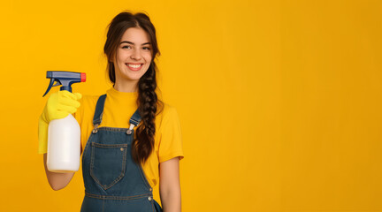 A woman in a yellow shirt and blue overalls is holding a bottle of cleaning spray. She is smiling and she is happy