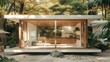 © visoot - Small wood and glass pop up store in the middle of nature, white walls with wooden beams on top. Generative AI.