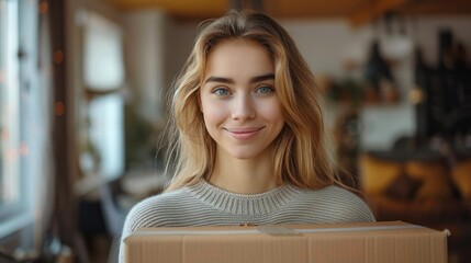 Canvas Print - Happy woman holding a cardboard box against the background of a bright apartment. Generative AI.